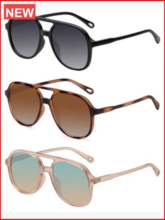 Retro Square Aviator Sunglasses Double Bridge Unisex UV400 Protection 3 Pack